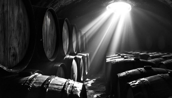 Chais sombre rempli de fûts en bois, éclairé par un puits de lumière
